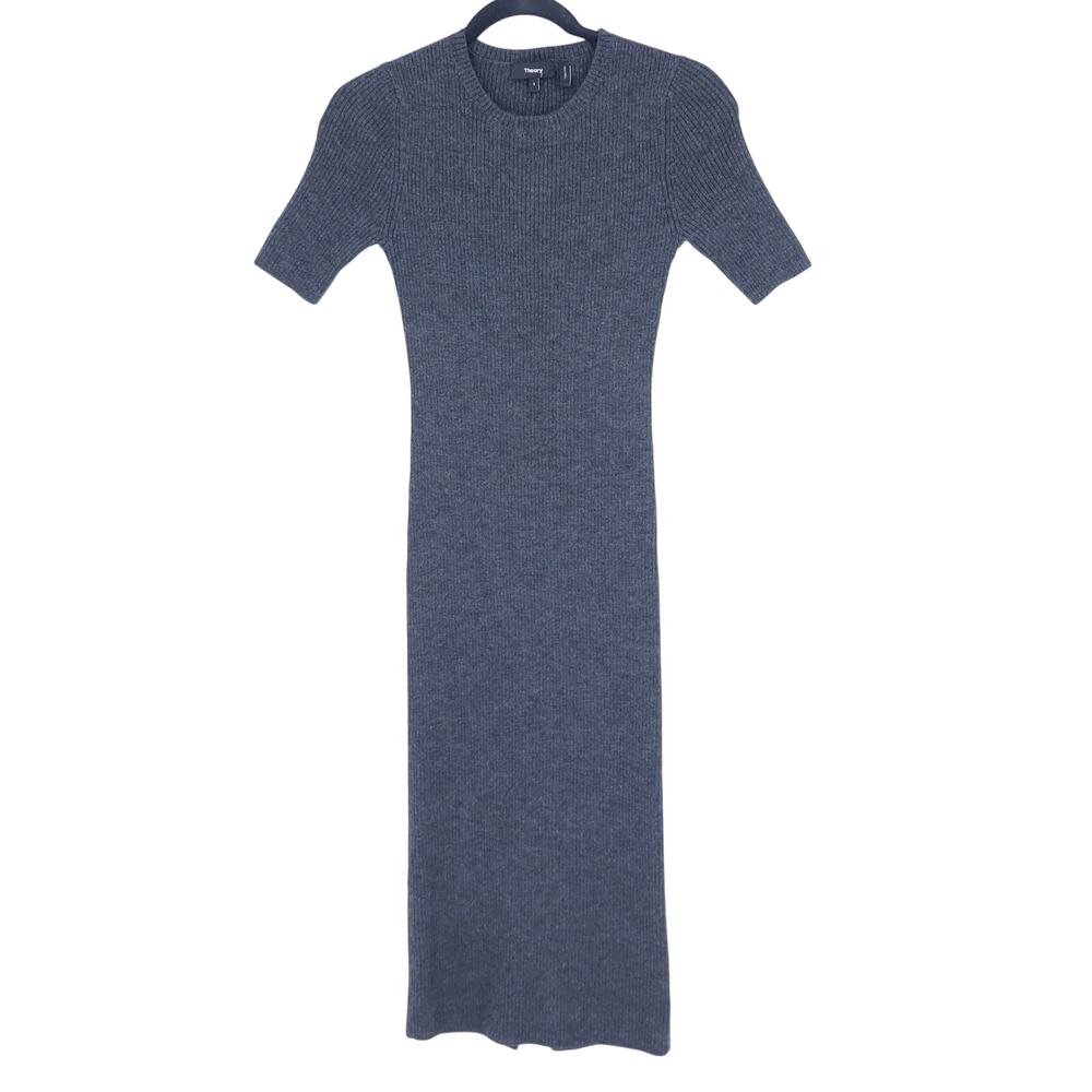 Theory Uliana Noble Sweater Dress Gray Ribbed Knit Short Sleeve Midi Women's S